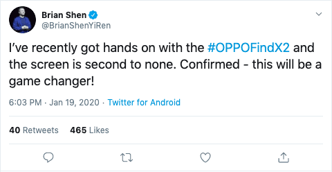 OPPO Find X2 - Tweet by Brian Shen